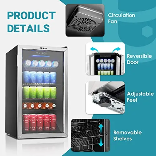 EUHOMY Glass-Door Beverage Cooler – 126-Can Mini Fridge for Drinks & Snacks