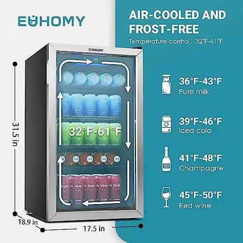 EUHOMY Glass-Door Beverage Cooler – 126-Can Mini Fridge for Drinks & Snacks