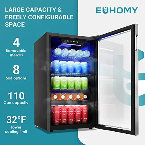 EUHOMY Glass-Door Beverage Cooler – 126-Can Mini Fridge for Drinks & Snacks