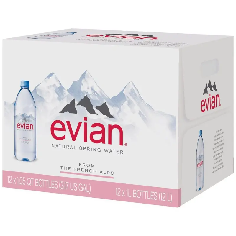 Evian Natural Spring Water – 1-Liter Bottles, 12-Pack for Pure, Mineral-Rich Hydration