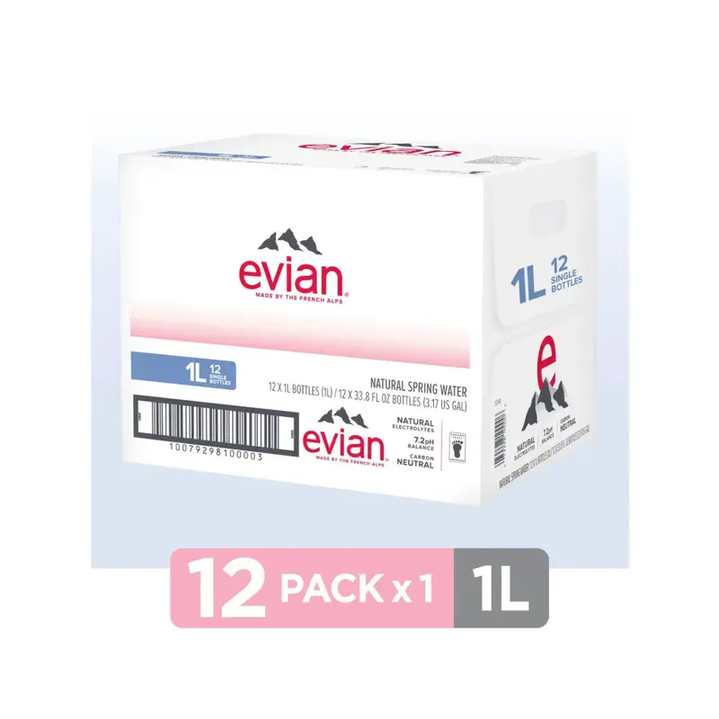 Evian Natural Spring Water – 1-Liter Bottles, 12-Pack for Pure, Mineral-Rich Hydration