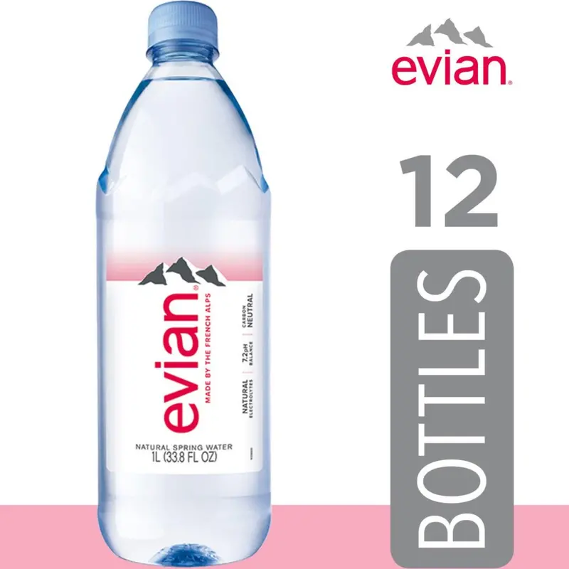 Evian Natural Spring Water – 1-Liter Bottles, 12-Pack for Pure, Mineral-Rich Hydration