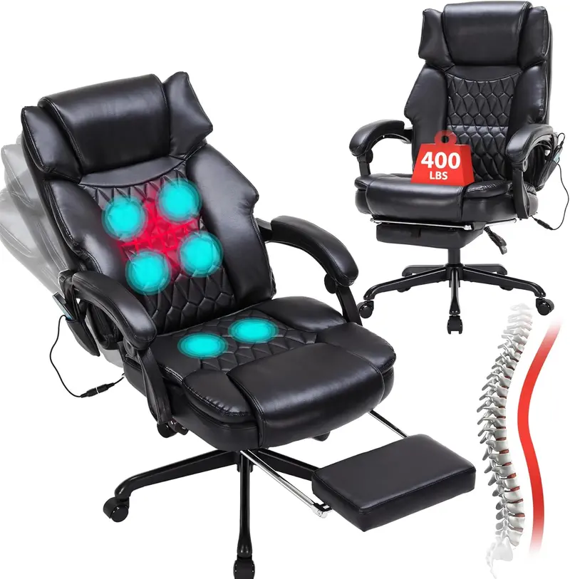 Executive Massage Office Chair with Heated Vibration & Footrest – 6-Point Shiatsu Therapy for Home or Workspace