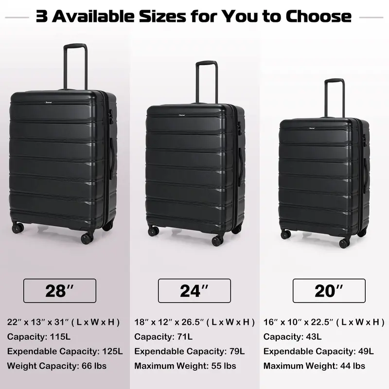 Expandable 3-Piece Spinner Luggage Set for Travel