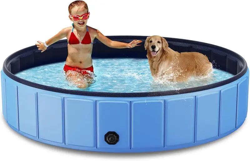 Extra-Large Foldable Dog Swimming Pool – 120" x 20" Leakproof Hard-Plastic Pet Bath Tub with PVC Construction (Blue)