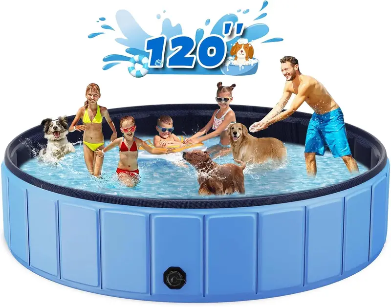Extra-Large Foldable Dog Swimming Pool – 120" x 20" Leakproof Hard-Plastic Pet Bath Tub with PVC Construction (Blue) 2