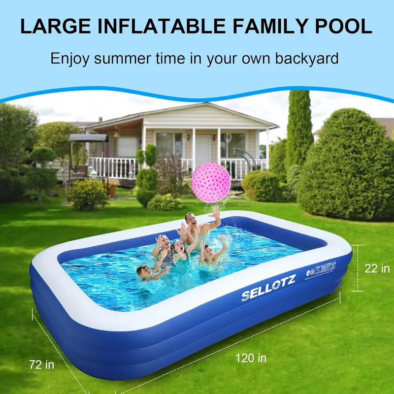 Extra-Large Inflatable Family Pool – 120" x 72" x 22", Thickened Vinyl for Backyard Summer Fun & Toddler Play 2