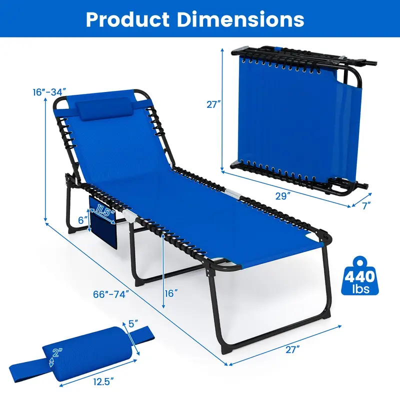 Extra-Large Outdoor Tanning Lounge Chair – 5-Position Adjustable Folding Chaise