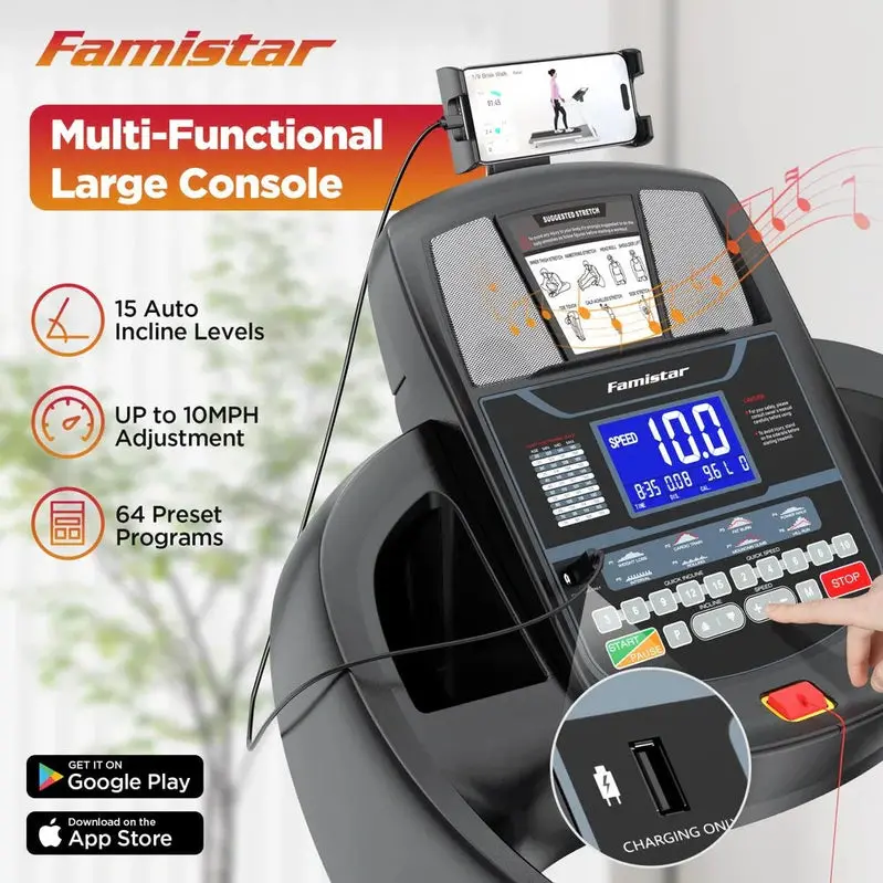 Famistar Compact Folding Treadmill for Home Use – 15 Auto-Incline Levels, 300 lb Weight Capacity, 10 MPH Max Speed