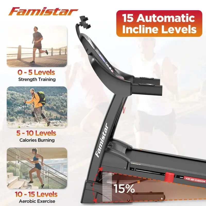 Famistar Folding Home Treadmill – 15 Auto Incline Levels, 300 LB Capacity, 10 MPH Max Speed