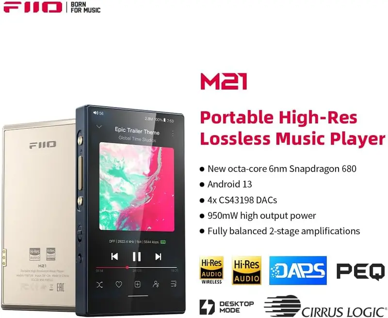 FiiO M21 Hi-Res Android 13 Music Player — Snapdragon 680, Dual DAC, Blue-Black Edition