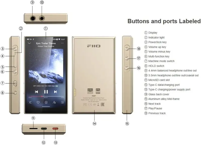 FiiO M21 Hi-Res Android 13 Music Player — Snapdragon 680, Dual DAC, Blue-Black Edition
