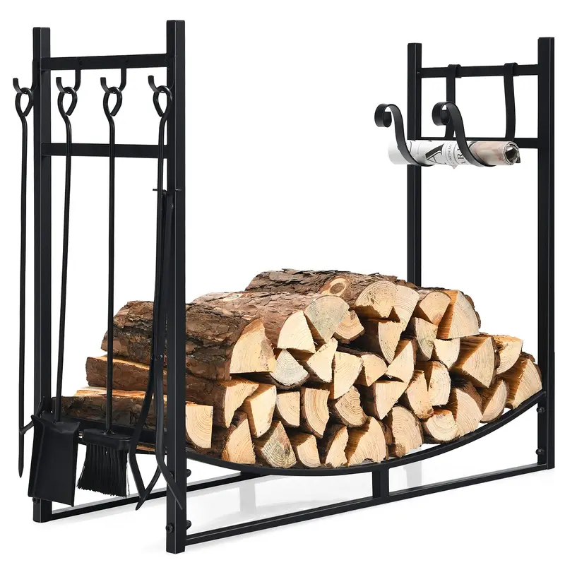 Fireplace Log Rack with Tool Set – 30-inch or 36-inch Sturdy Steel Firewood Holder