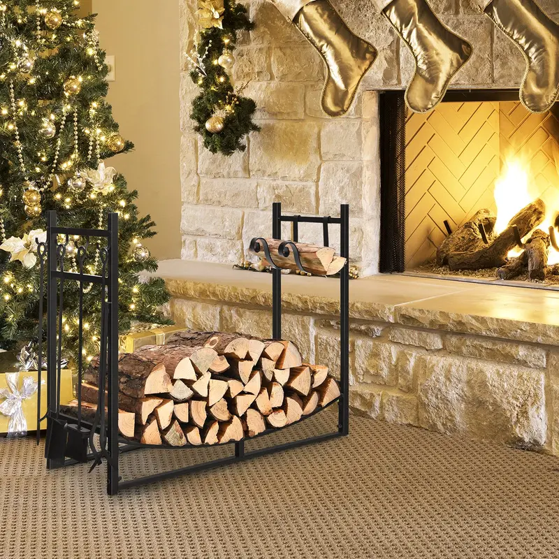 Fireplace Log Rack with Tool Set – 30-inch or 36-inch Sturdy Steel Firewood Holder