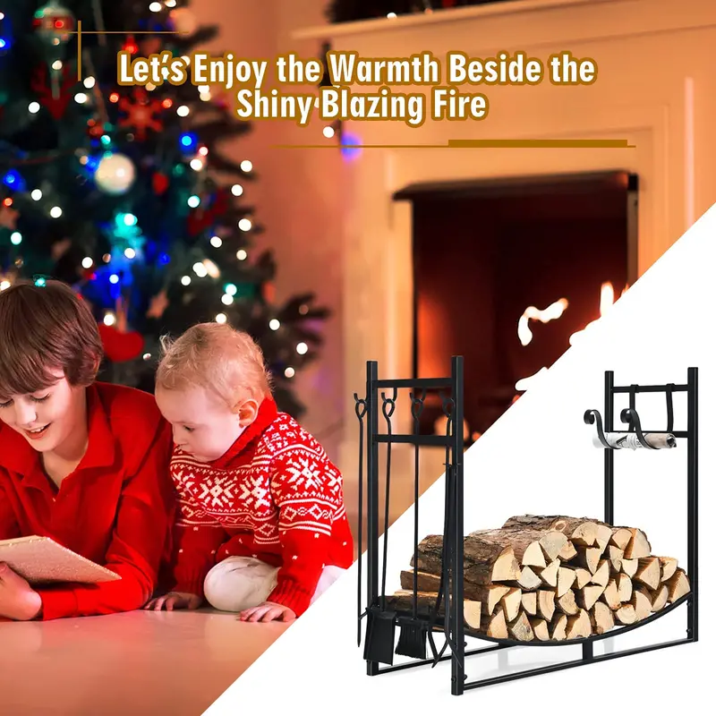 Fireplace Log Rack with Tool Set – 30-inch or 36-inch Sturdy Steel Firewood Holder