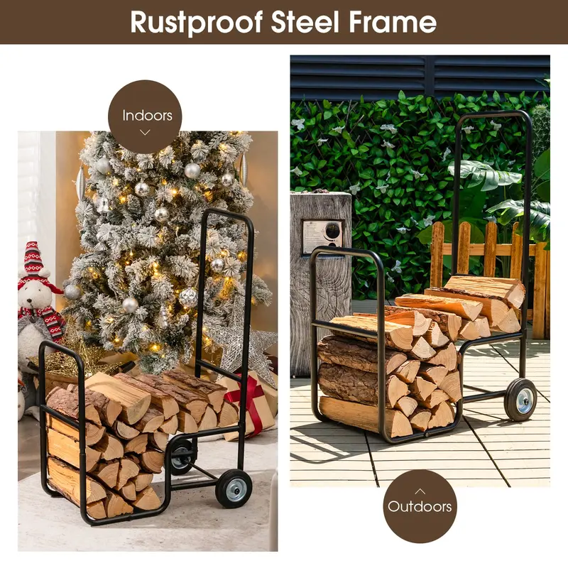 Firewood Cart with Anti-Slip Wheels – Indoor/Outdoor Log Carrier and Storage Rack