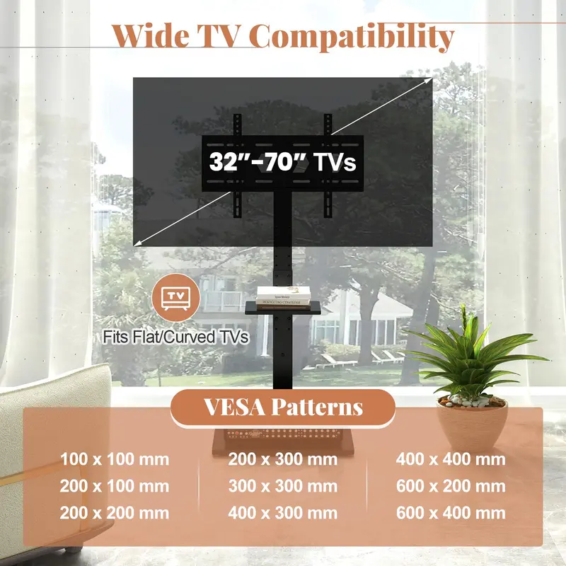 Floor-Standing TV Console — Power-Integrated Stand for 32–70" Screens (Up to 110 lbs)