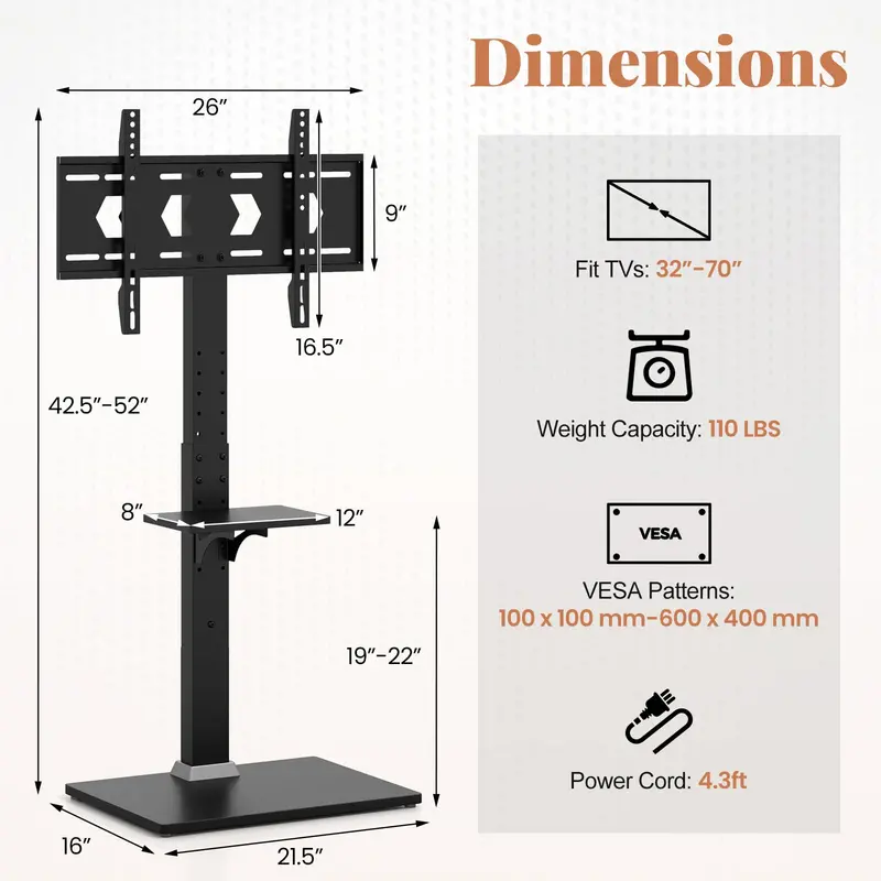 Floor-Standing TV Console — Power-Integrated Stand for 32–70" Screens (Up to 110 lbs)