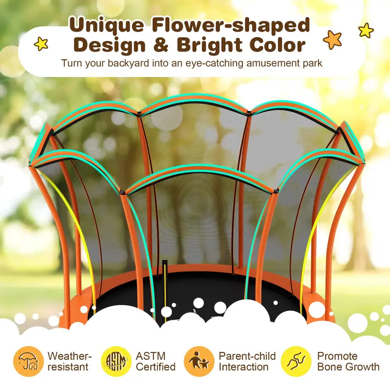 Flower-Shaped Outdoor Trampoline, ASTM-Approved 8-Foot or 10-Foot Round Bounce Platform