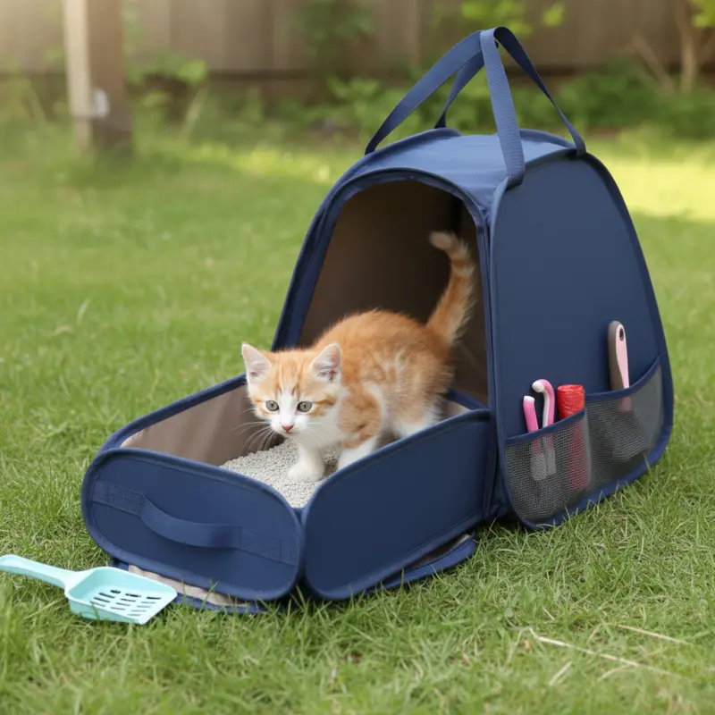 Fold-Out Travel Litter Box Carrier for Cats with Expandable Potty Area