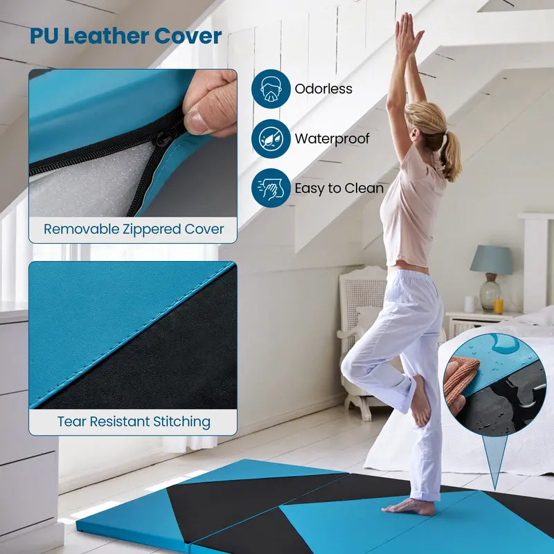 Foldable 10' x 4' Gymnastics Mat – 2-Inch PU Leather Tumbling Pad with Secure Hook-and-Loop Closure