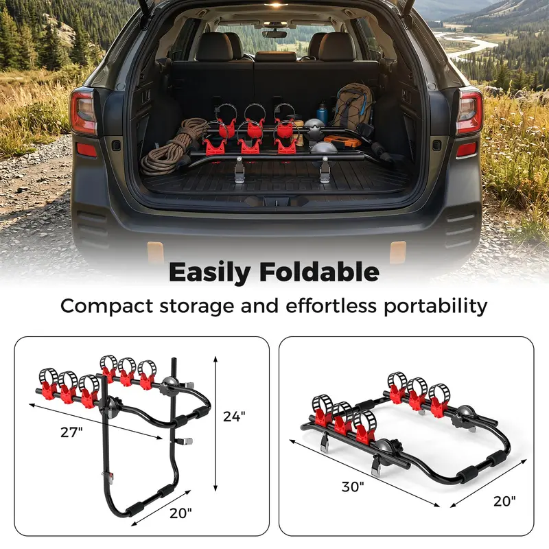 Foldable 3-Bike Trunk-Mount Carrier – Compact Carbon Steel Rack for Sedans & SUVs