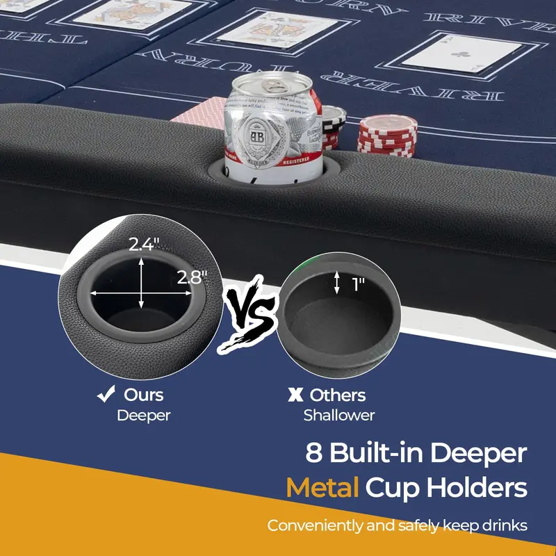 Foldable 8-Player Poker Table – 72-Inch Surface with Reinforced Metal Cup Holders