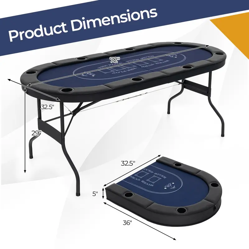 Foldable 8-Player Poker Table – 72-Inch Surface with Reinforced Metal Cup Holders