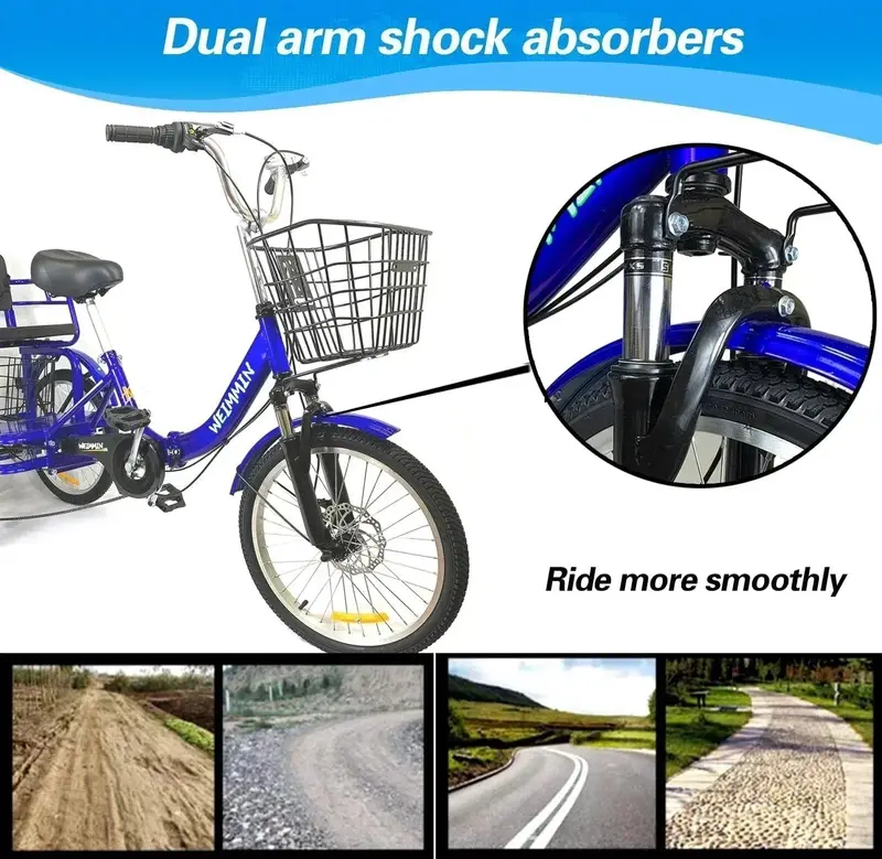 Foldable Adult Tricycle – 20-Inch 7-Speed Blue Star-Striped 3-Wheeler for Comfortable Commuting