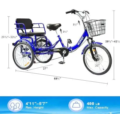 Foldable Adult Tricycle – 20-Inch 7-Speed Blue Star-Striped 3-Wheeler for Comfortable Commuting
