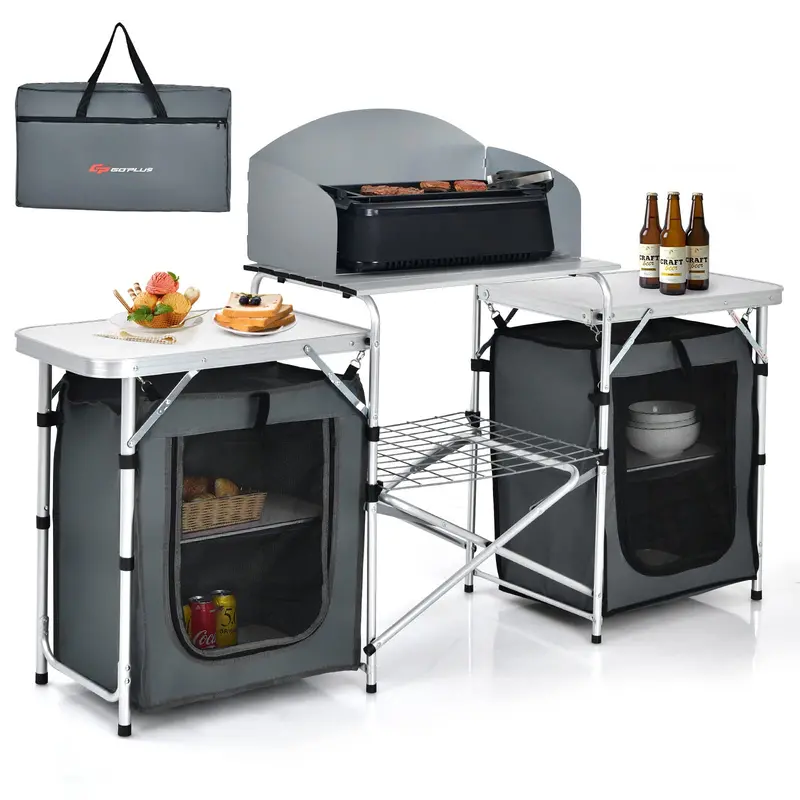 Foldable Camping Kitchen Table with Integrated Storage Compartments
