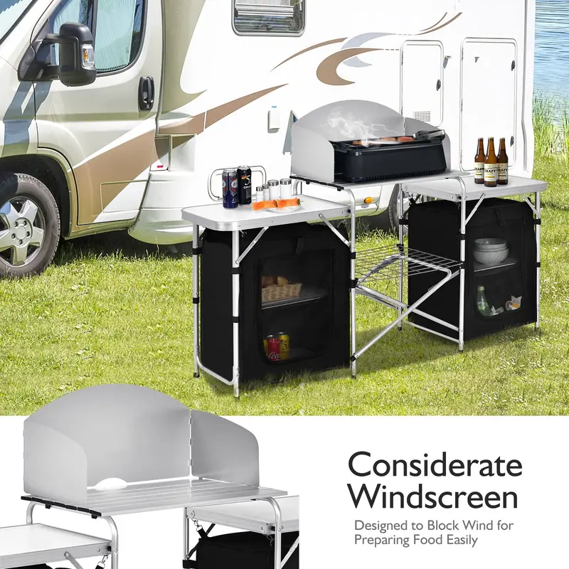 Foldable Camping Kitchen Table with Integrated Storage Compartments