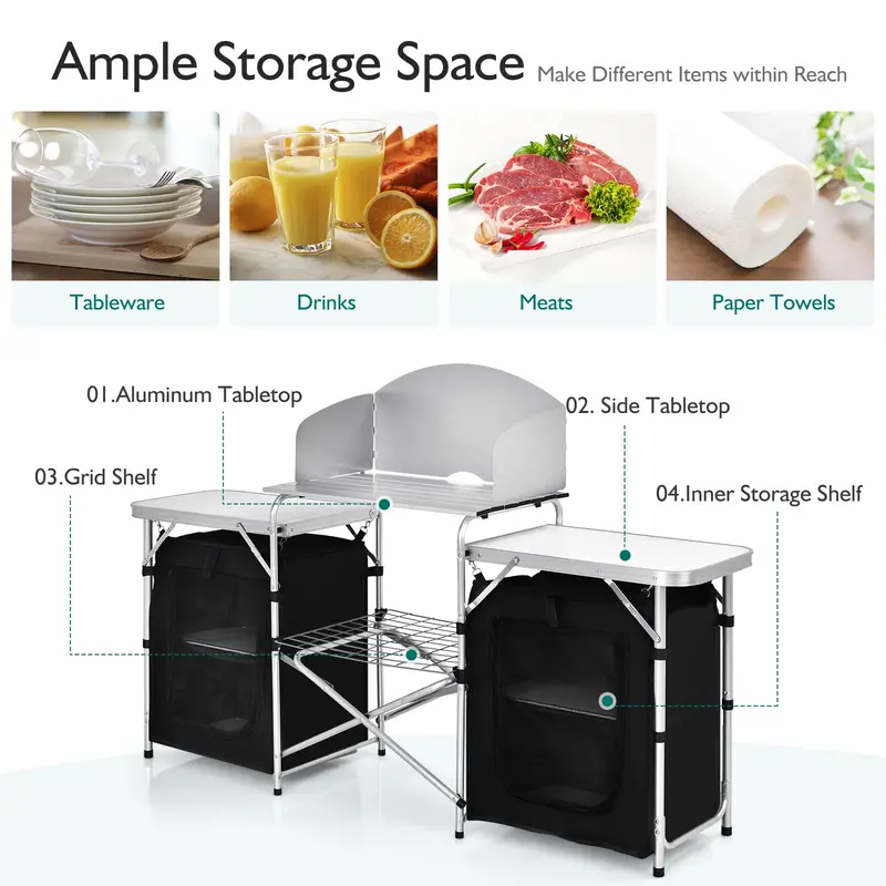 Foldable Camping Kitchen Table with Integrated Storage Compartments