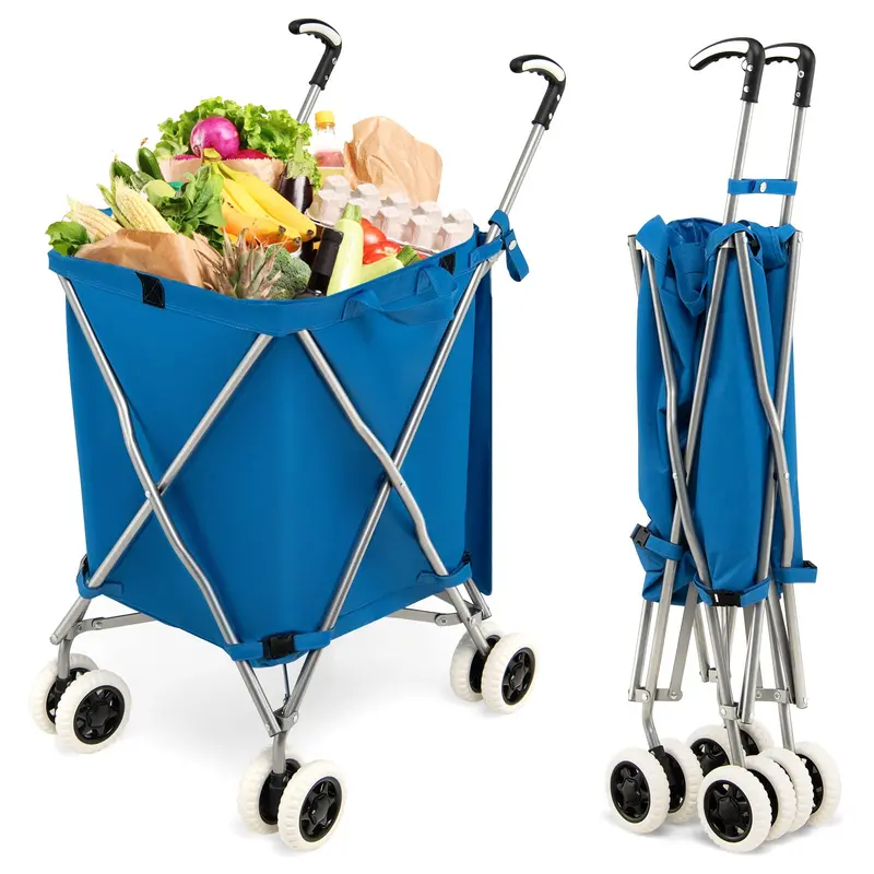Foldable Grocery Cart with Removable Oxford Cloth Liner and Smooth-Rolling Wheels