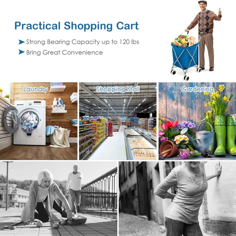 Foldable Grocery Cart with Removable Oxford Cloth Liner and Smooth-Rolling Wheels