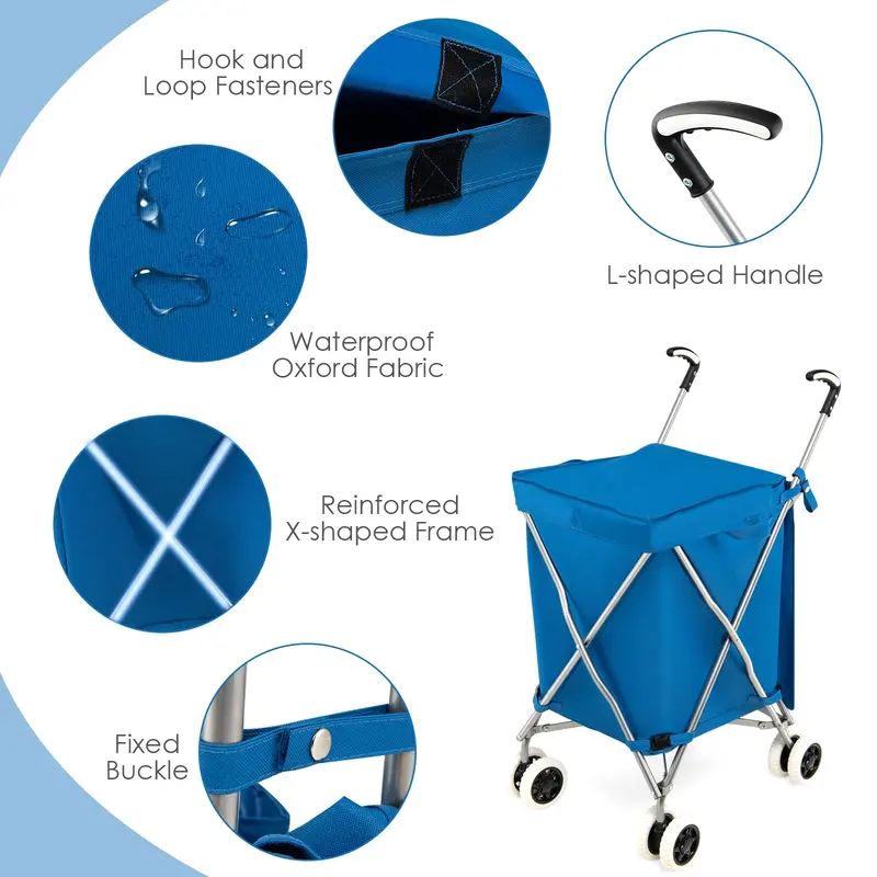 Foldable Grocery Cart with Removable Oxford Cloth Liner and Smooth-Rolling Wheels