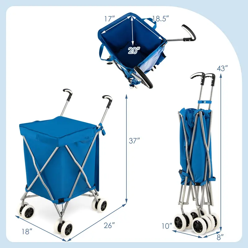 Foldable Grocery Cart with Removable Oxford Cloth Liner and Smooth-Rolling Wheels