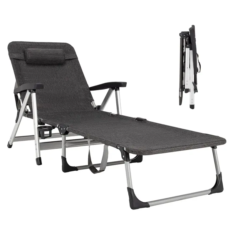 Foldable Outdoor Lounge Chair with Cup Holder and Removable Headrest