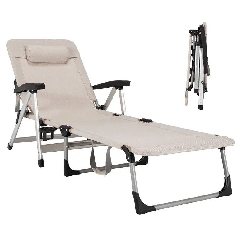 Foldable Outdoor Lounge Chair with Cup Holder and Removable Headrest