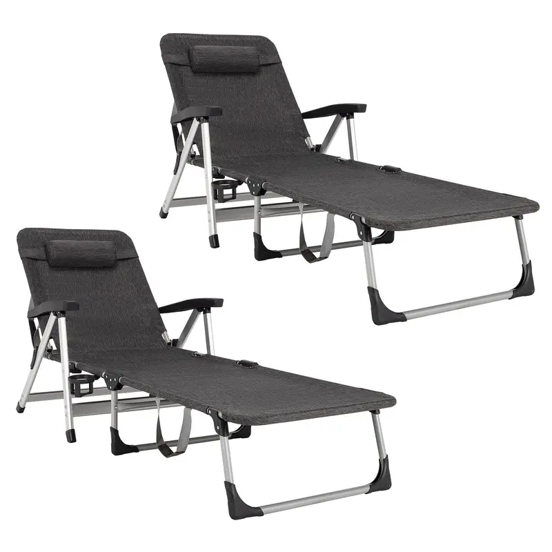 Foldable Outdoor Lounge Chair with Cup Holder and Removable Headrest