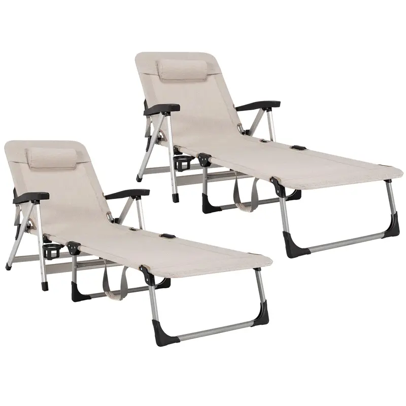 Foldable Outdoor Lounge Chair with Cup Holder and Removable Headrest
