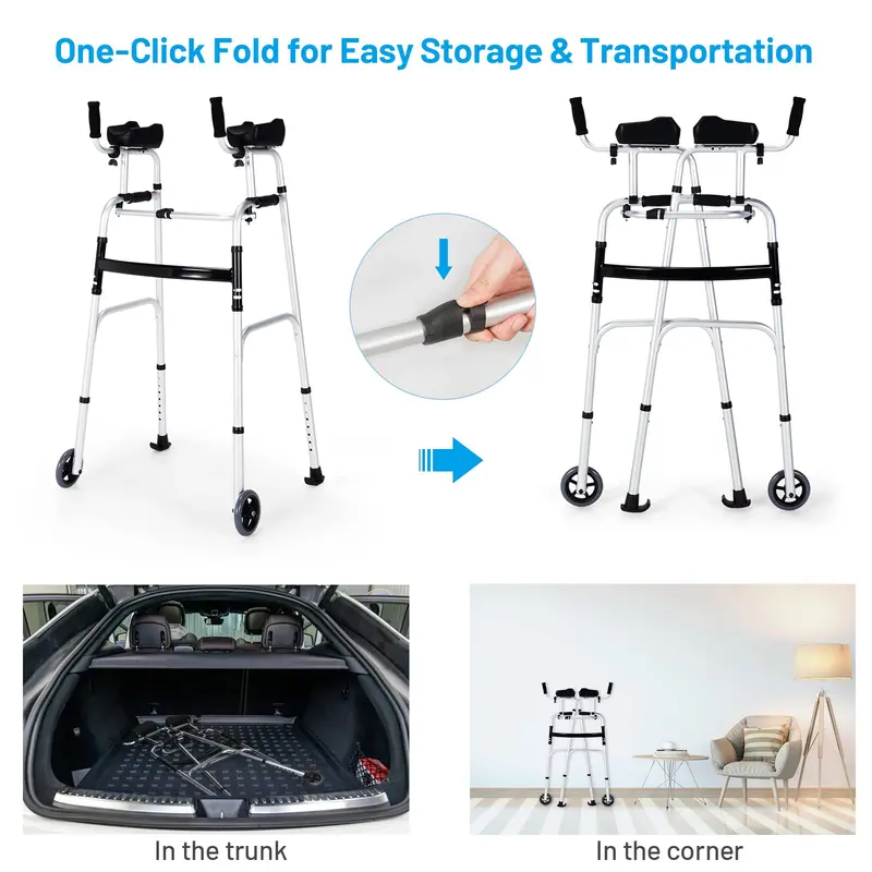 Foldable Standard Walker with Ergonomic Hand Grips and Rubber Tips