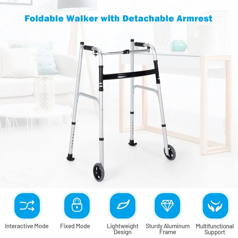 Foldable Standard Walker with Ergonomic Hand Grips and Rubber Tips