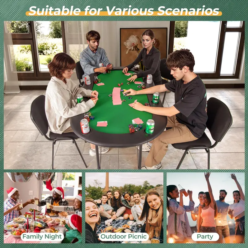 Foldable Texas Hold’em Poker Table – Compact 8-Player Home Game Table with Built-in Cup Holders