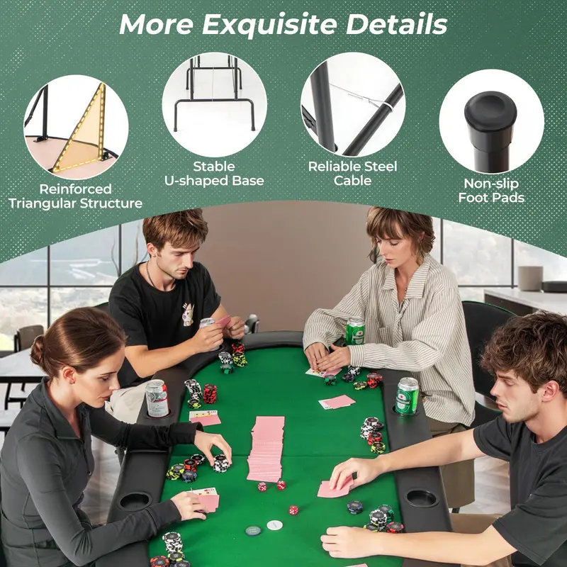 Foldable Texas Hold’em Poker Table – Compact 8-Player Home Game Table with Built-in Cup Holders