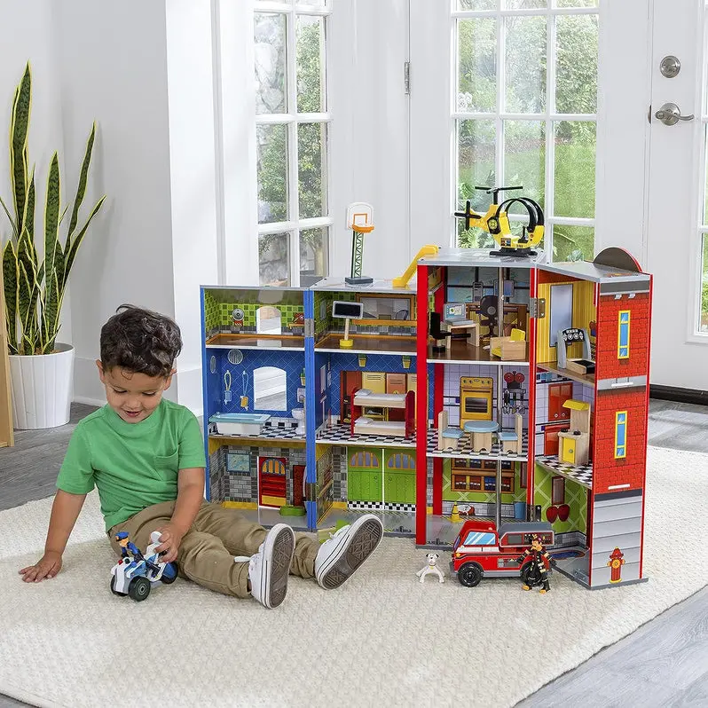 Foldable Three-Tier Wooden Playset with 26 Accessories
