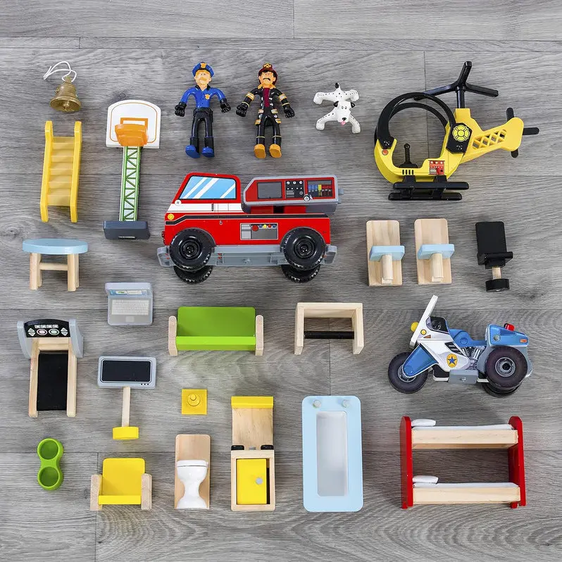 Foldable Three-Tier Wooden Playset with 26 Accessories