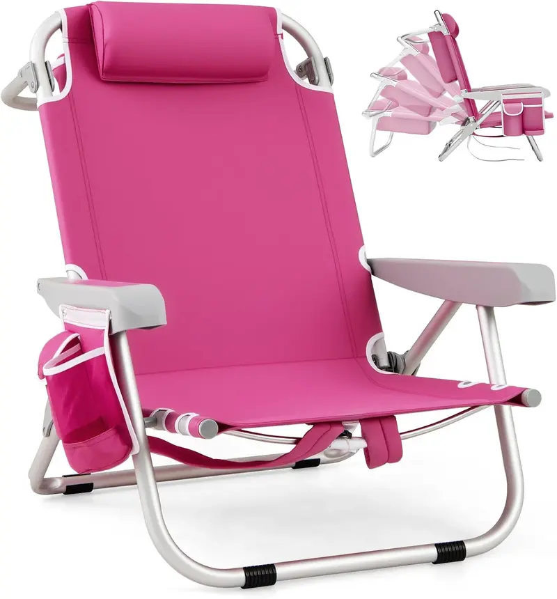 Folding Aluminum Beach Backpack Chair – 5-Position Recline, Towel Rack & Lightweight Frame