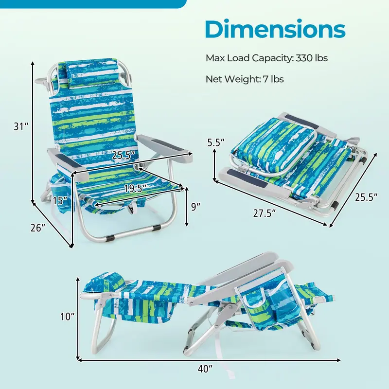 Folding Aluminum Beach Backpack Chair – 5-Position Recline, Towel Rack & Lightweight Frame