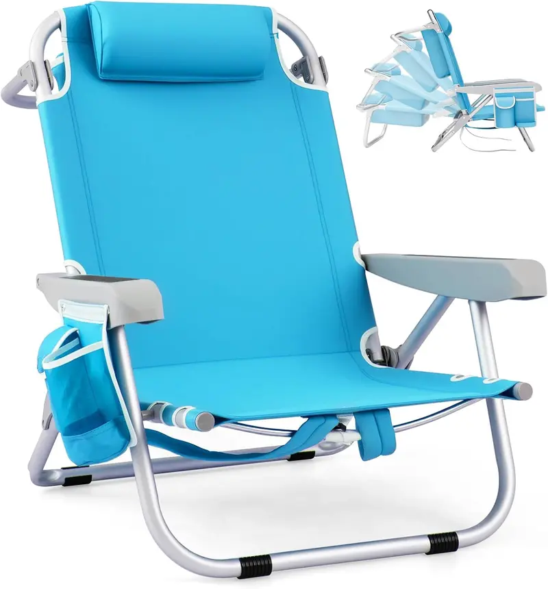 Folding Aluminum Beach Backpack Chair – 5-Position Recline, Towel Rack & Lightweight Frame